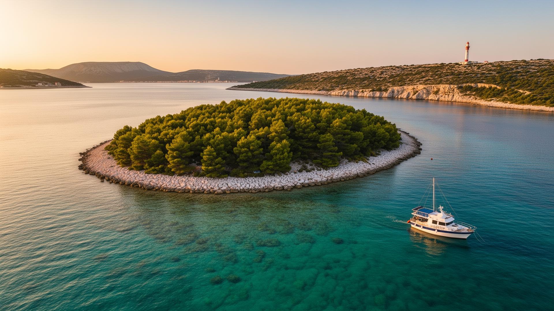 Aerial view of Ceja Island in Medulin Bay with turquoise sea